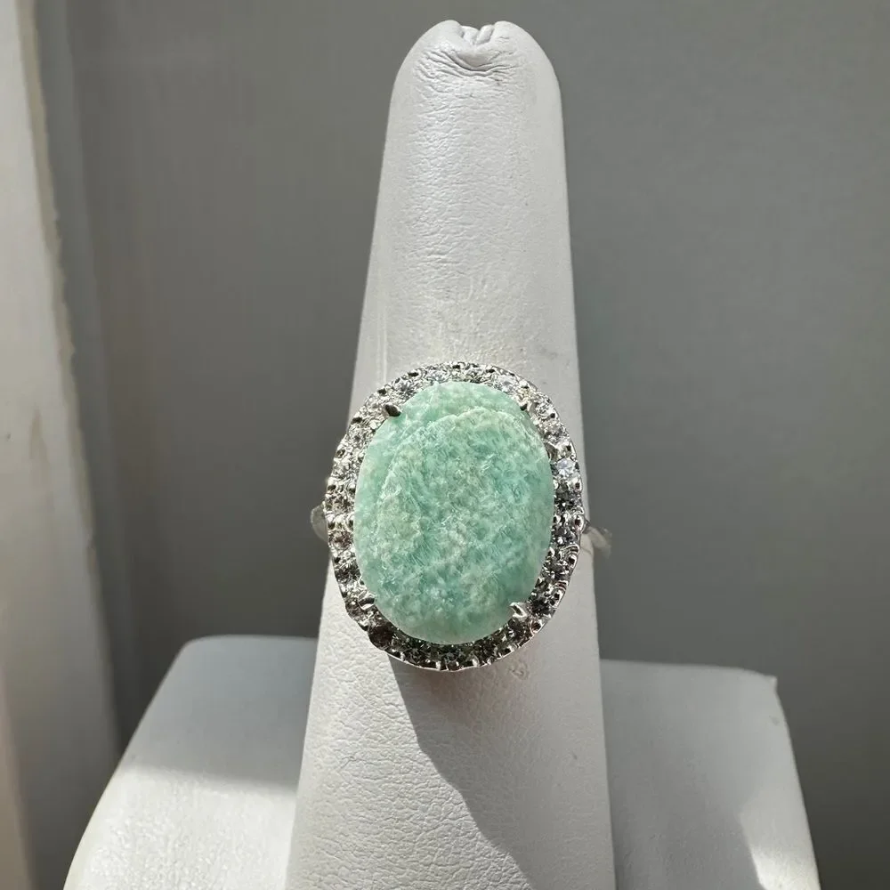 NWOT 15x11mm Oval cut Amazonite w/ halo of cz‎ diamonds in sterling silver!